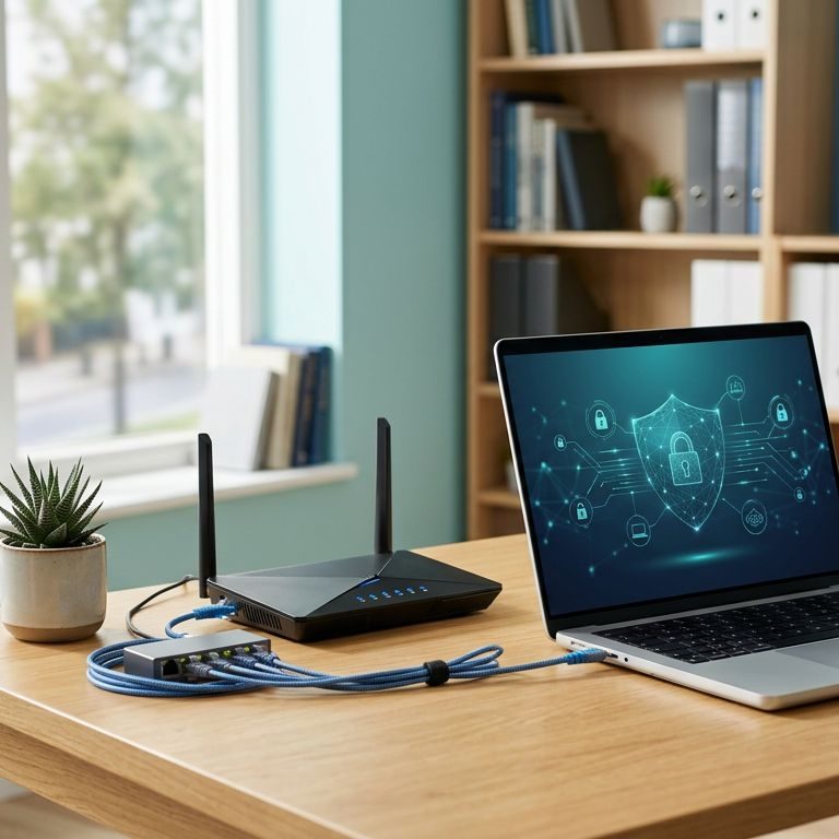 Bærbar computer og Wi-Fi-router på et ryddeligt kontor med diskret cybersikkerhed.