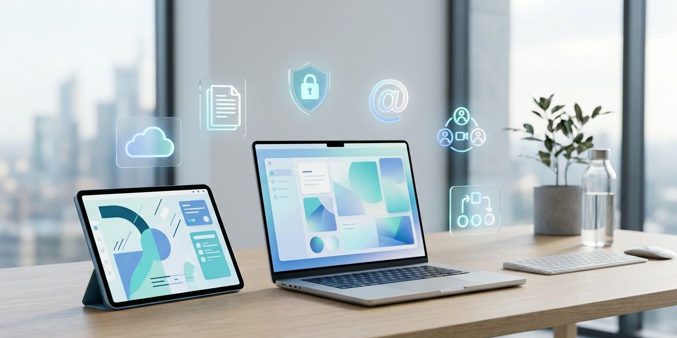Digital Arbejdsplads I Skyen Bærbar computer og tablet på et lyst skrivebord med symboler for digitale kontortjenester.