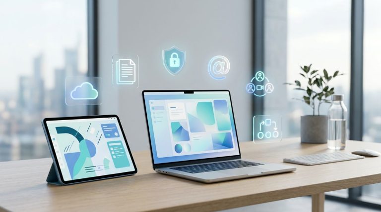 Bærbar computer og tablet på et lyst skrivebord med symboler for digitale kontortjenester.