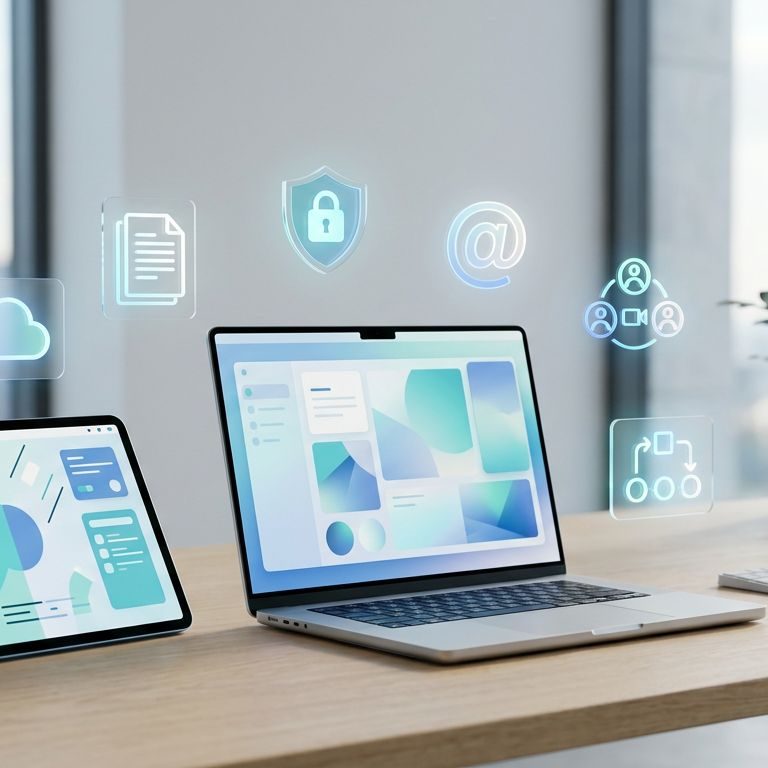 Bærbar computer og tablet på et lyst skrivebord med symboler for digitale kontortjenester.