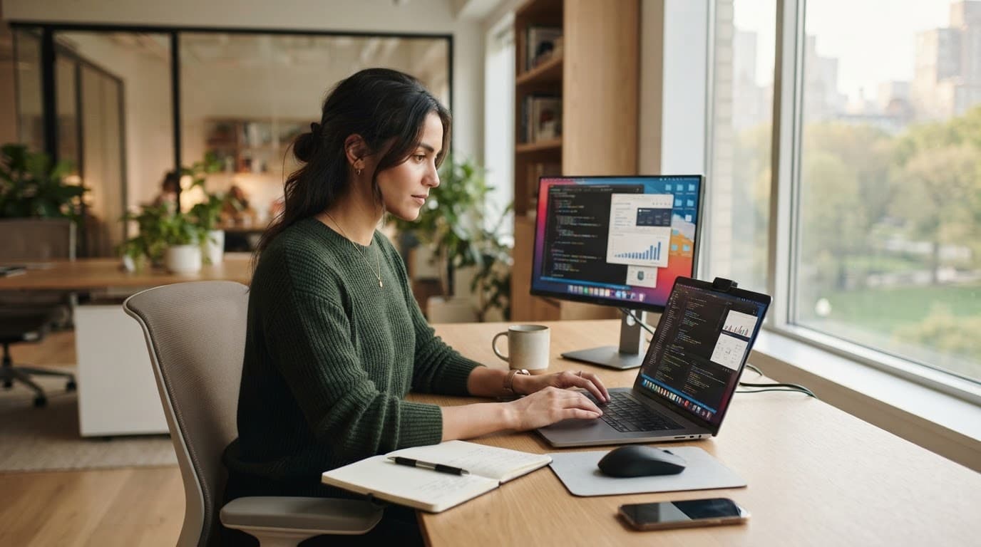 En medarbejder arbejder ved en bærbar computer i et lyst og roligt kontor.