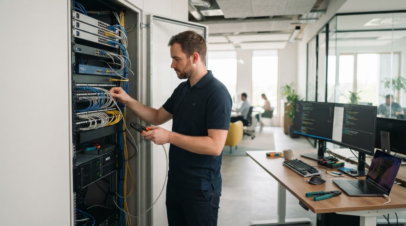 IT-tekniker ved computer med netværkskabler på et lyst kontor.