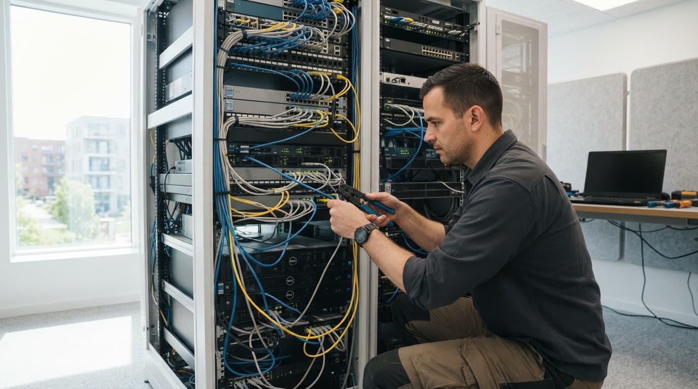 IT-tekniker justerer netværksudstyr i et lyst kontor.