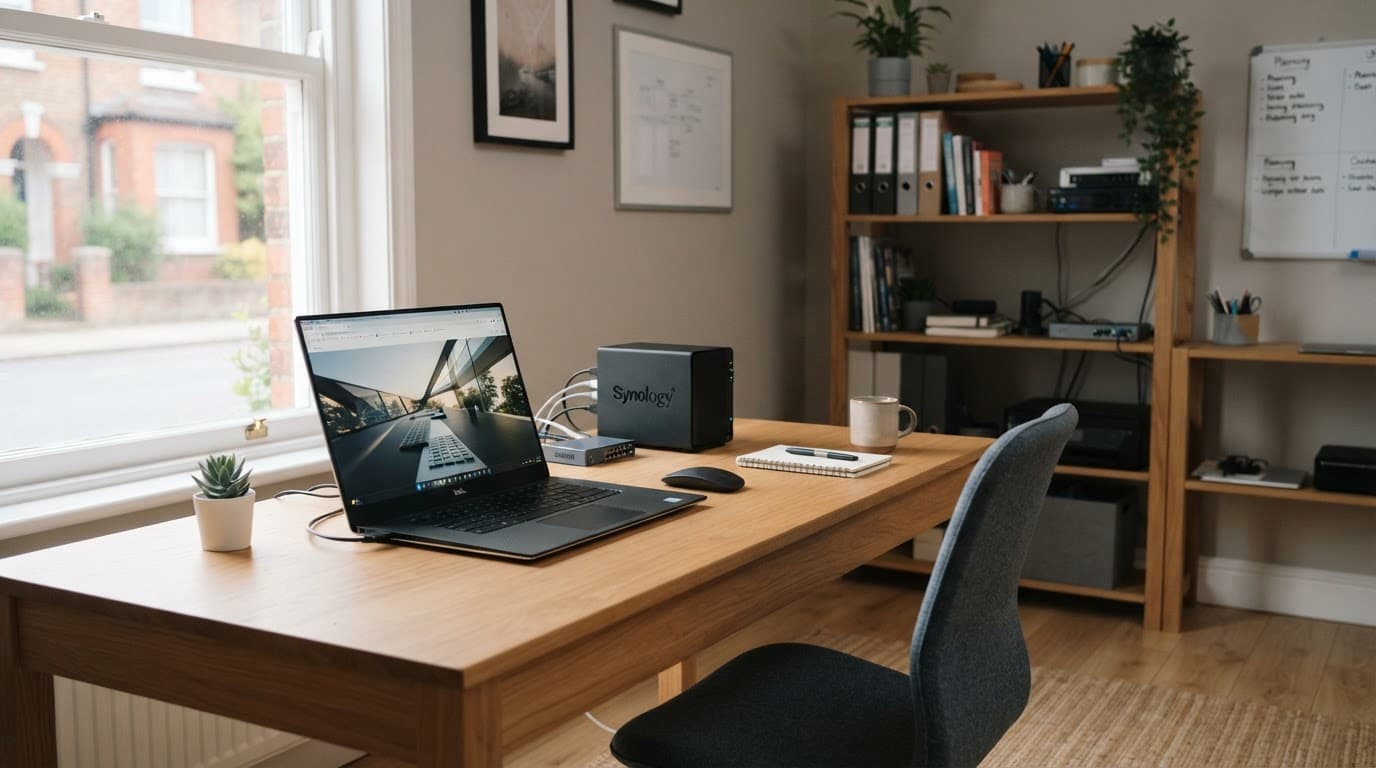 Lille kontor med skrivebord, bærbar computer og serverboks.