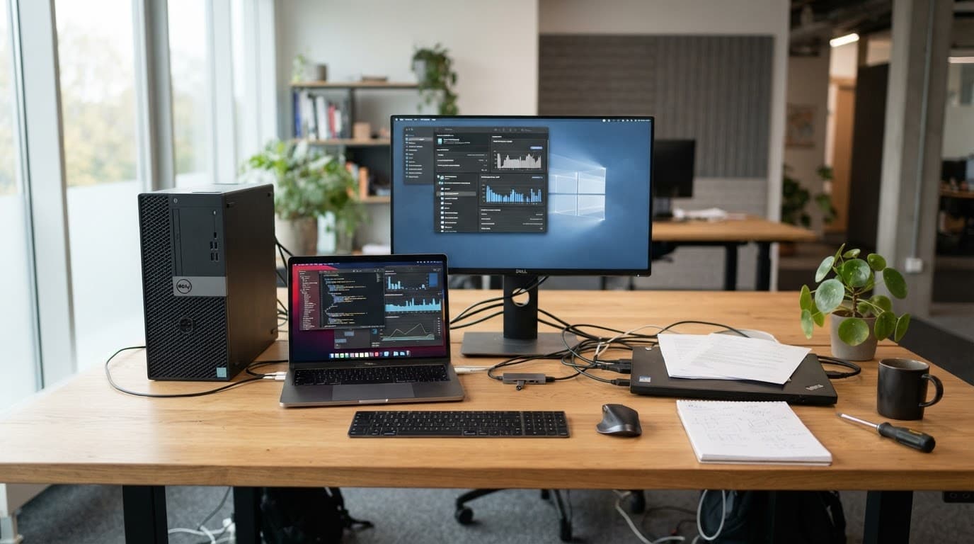 Et moderne skrivebord med bærbar computer og stationær skærm i dagslys.