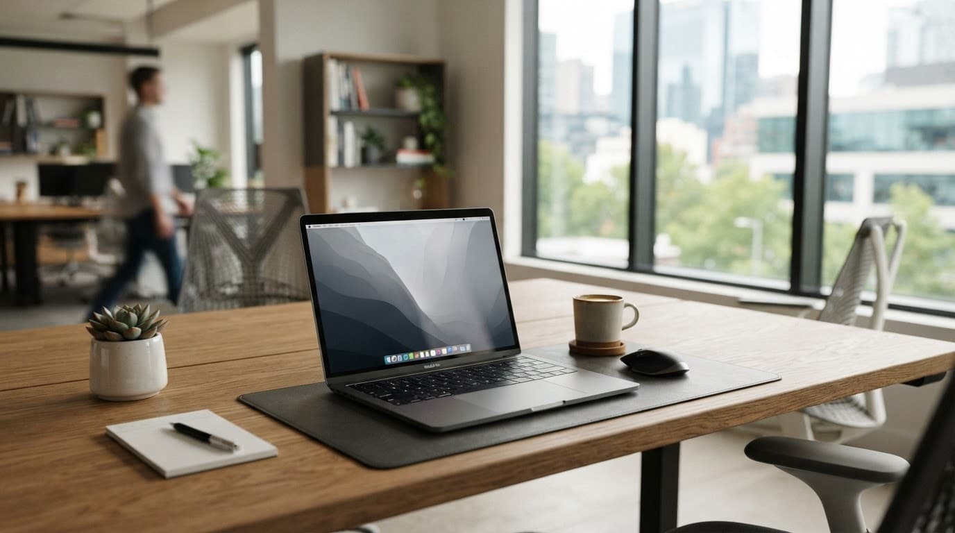 En bærbar computer står på et ryddeligt træskrivebord ved et lyst vindue.