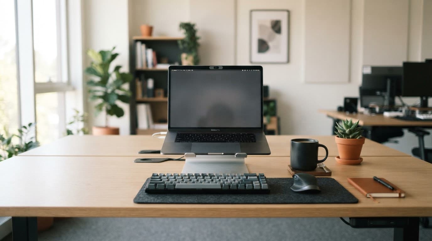 Moderne skrivebord med computer og kaffekop i blødt dagslys.
