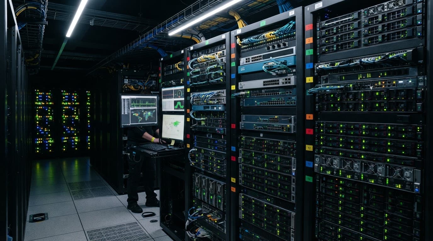 Organiserede serverracks med blinkende lys i et mørkt serverrum.