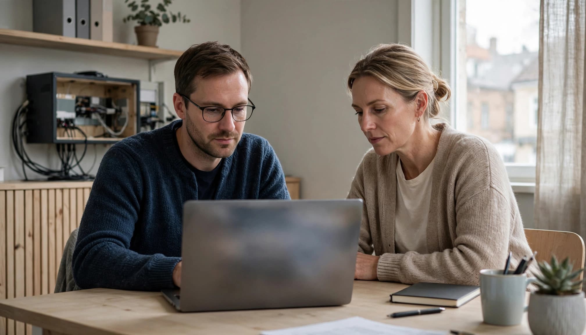 To personer gennemgår cyberforsikring ved et skrivebord med en bærbar computer.