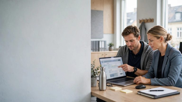 En IT-tekniker og en leder gennemgår licenser på en bærbar computer.
