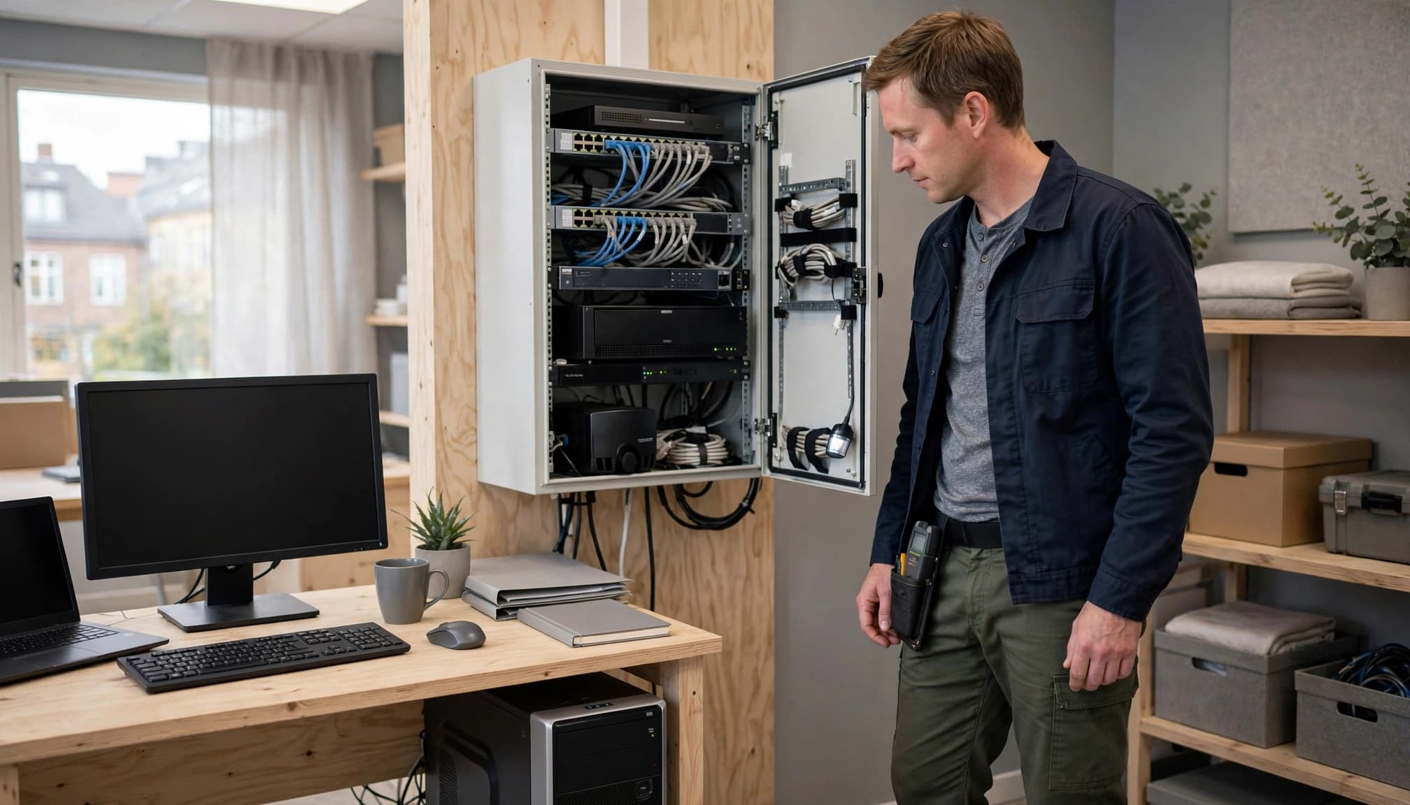 En IT-tekniker undersøger et organiseret netværksskab ved en arbejdsstation.